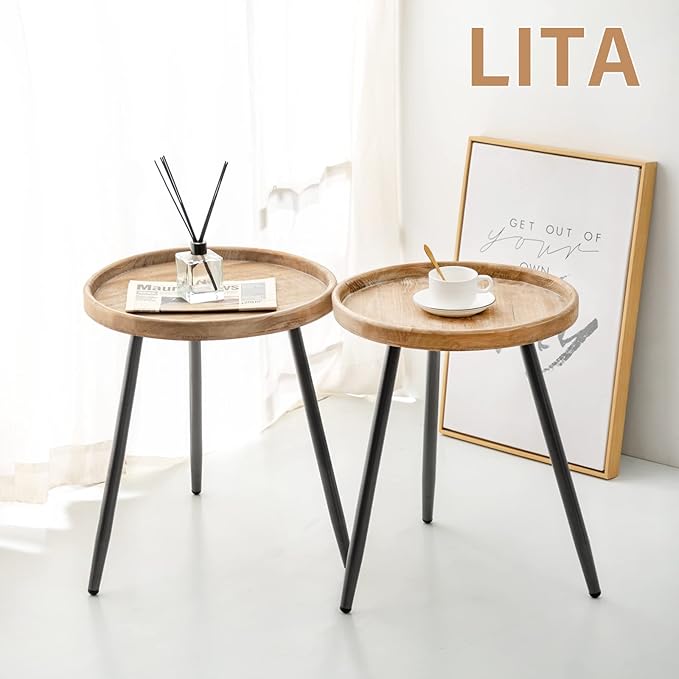 LITA 2 Pcs Round Side End Table, Nightstand Tables, Log Desktop, Wooden Tray - Image 6