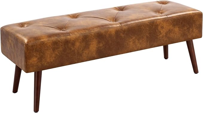 Furniliving 44 Inch Tufted Leather Bench, Leather Footrest Stool Bedroom Bench - Image 10