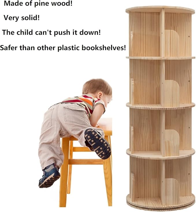 Heehee Rotating Wooden Bookshelf 360 Display 4 Tier Floor Standing Bookcase - Image 3