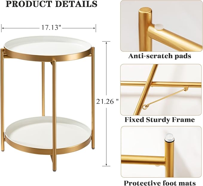 TeoKJ 2 Tier Gold Side Table, Folding Round Metal End Table Small Nightstand - Image 3