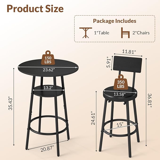 3 Pieces Round Bar Table Set, Small Dining Table - Image 2