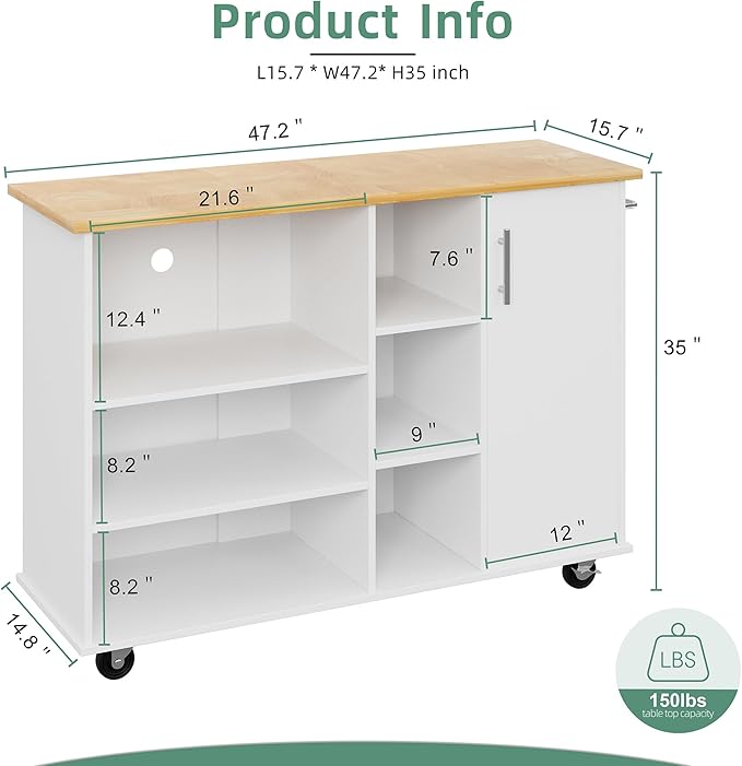 Shintenchi 47”W Kitchen Storage Island Cart - Image 3