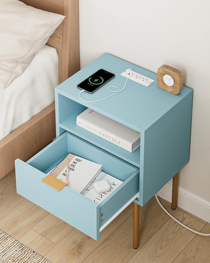 Masupu Nightstand with Charging Station, Mid-Century Modern Bedside Table with - Image 7