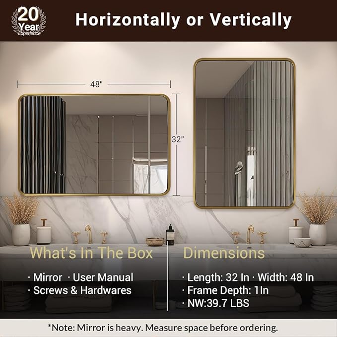 ANDY STAR 48x32 Inch Gold Bathroom Mirror, Brushed Gold Mirrors - Image 2