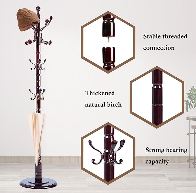 Coat Rack Stand, Solid Wooden Coat Tree - Image 4