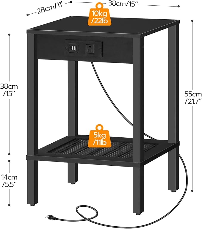 HOOBRO Side Table with Charging Station, Nightstand with 2-Tier Storage Shelf - Image 3