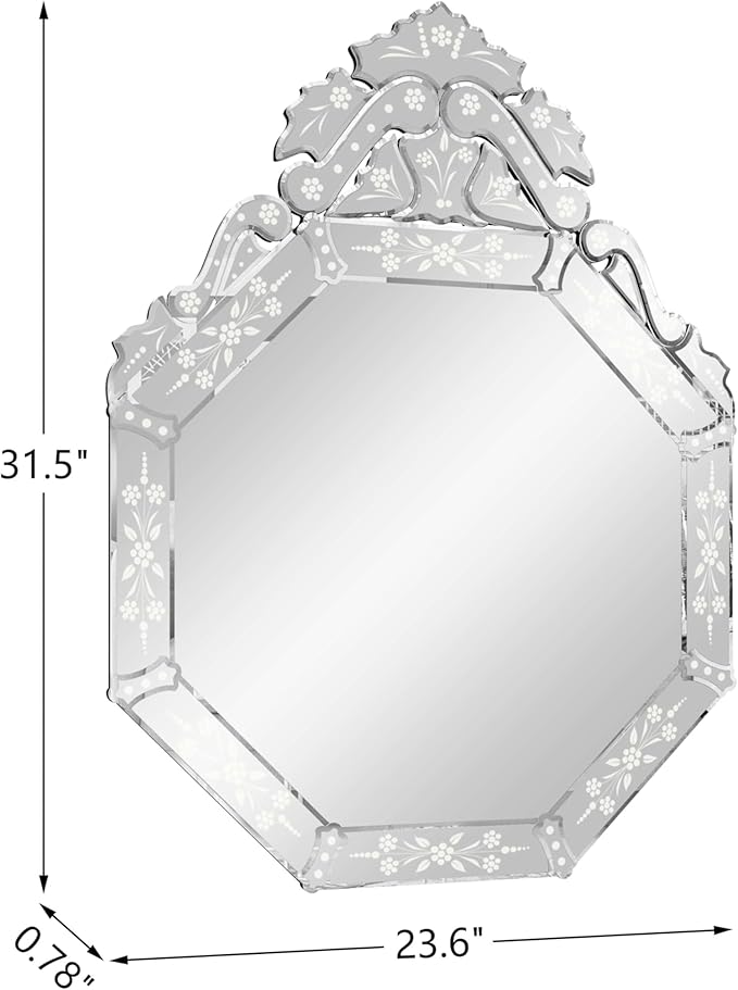 KOHROS Venetian Mirror with Top Crown Arch Floral Etched 32 x 24 Inch Octagonal - Image 2