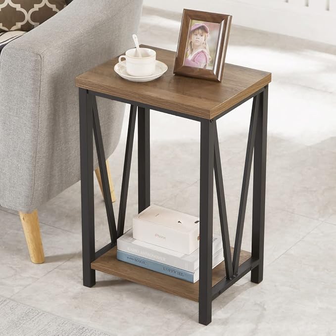 FOLUBAN Side Table with Storage Shelf, Rustic End Table by FOLUBAN