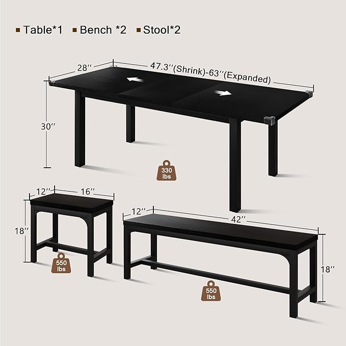 5-Piece Dining Table Set for 4-6, Metal Frame & MDF Board, Farmhouse - Image 2