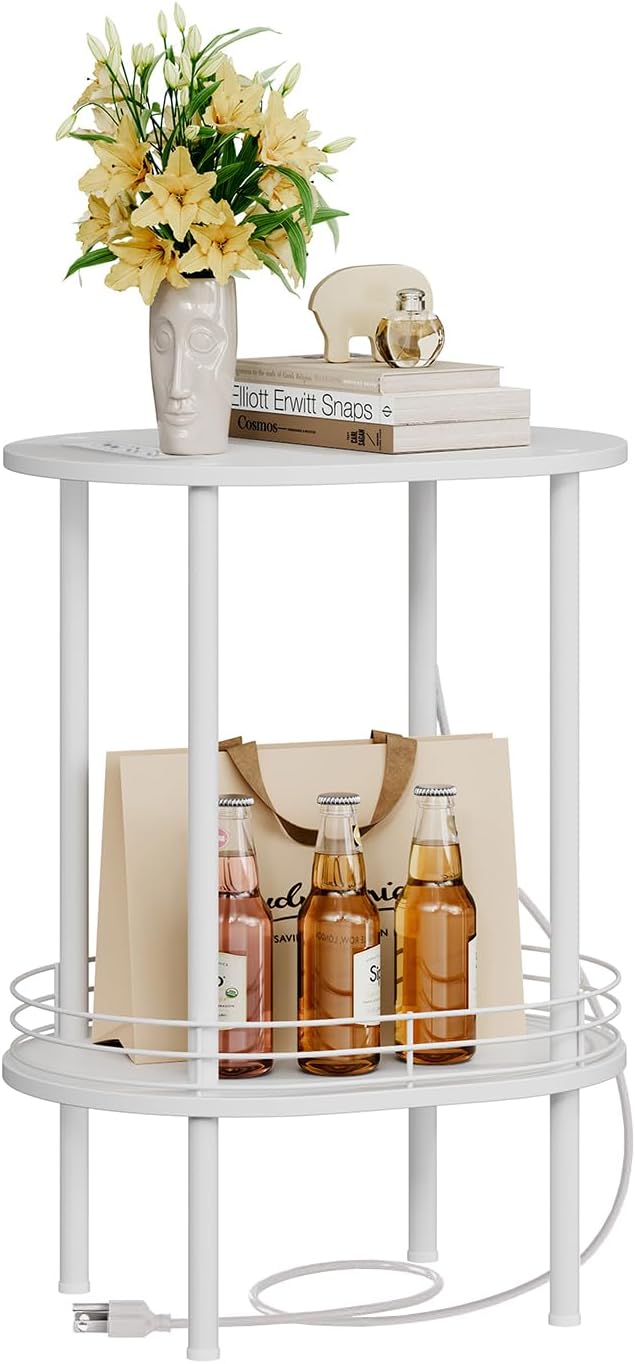 Small Round Side Table with Charging Station, Bedside Table with 2 USB Ports - Image 6