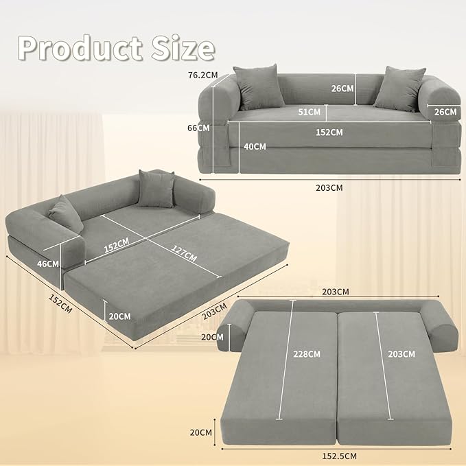 80" Convertible Sofa Bed, 3-in-1 Corduroy Folding Pull Out Couch - Image 2