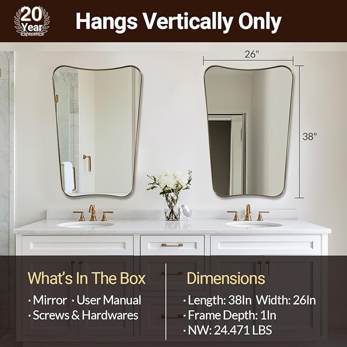 ANDY STAR Gold Vanity Mirror, 26x38 Inch Brushed Gold Asymmetrical Wall Mirror - Image 2