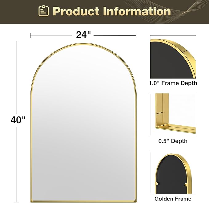 Brightify Arched Mirror, Arched Wall Mirror, 24 x 40 Inch Gold Arch Mirror - Image 7