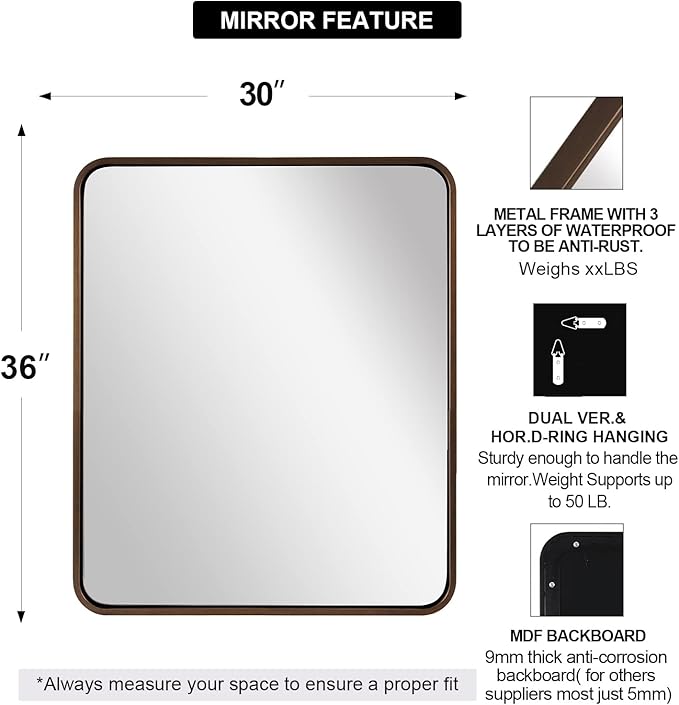 ANDY STAR Bronze Bathroom Mirror, 30x36 Inch Oil Rubbed Bronze Mirror, Bronze - Image 2