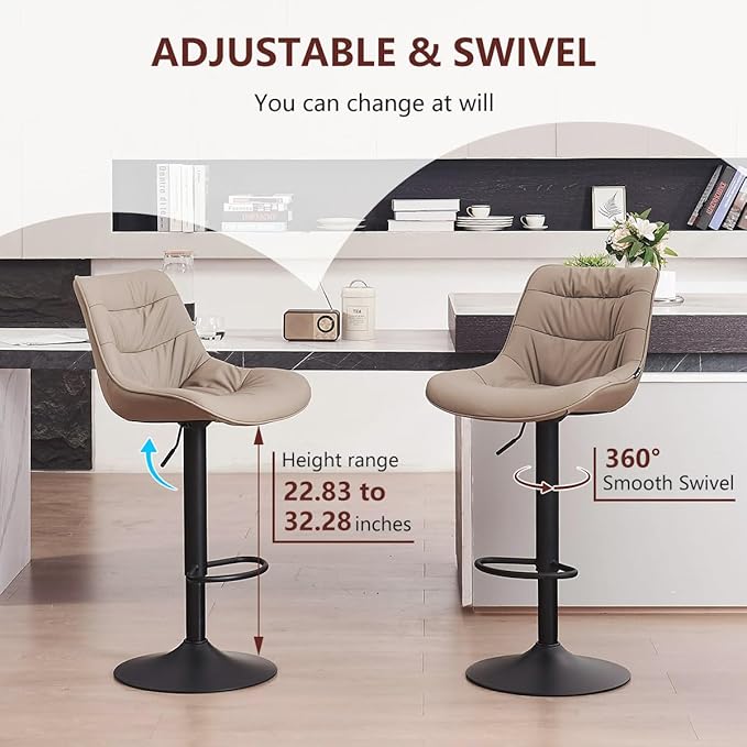Kidol & Shellder Bar Stools Set of 2 Adjustable Swivel Khaki, PU Leather - Image 6