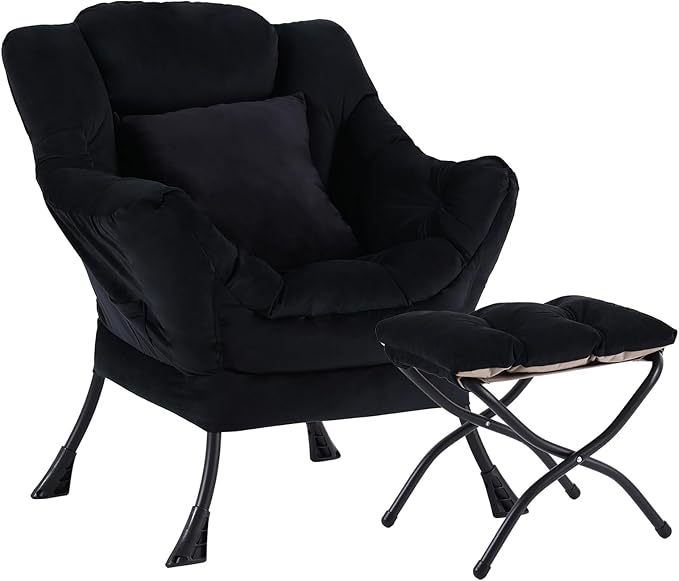 Lazy Chair with Ottoman, Comfy Reading Lounge Chair with Footstool & Throw by YOTATING