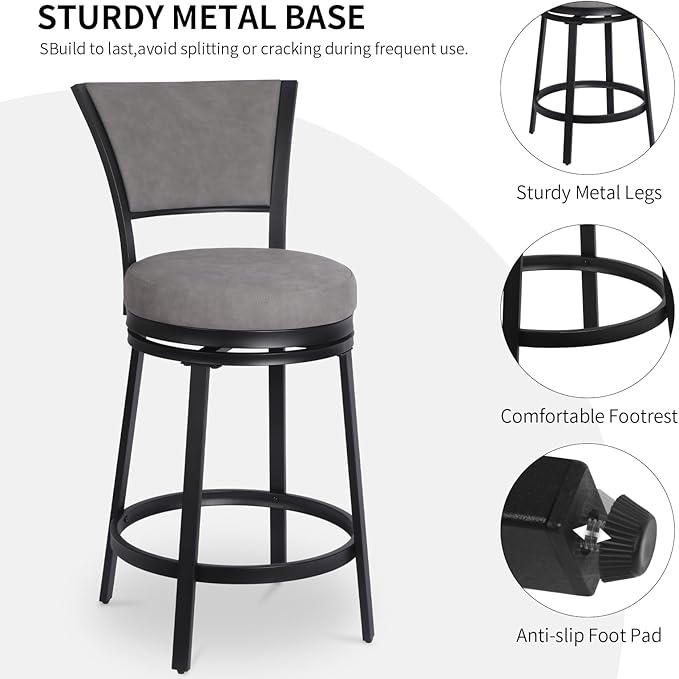 Bar Stools, Modern Counter Height Barstools Set of 2, Upholstered Metal Bar - Image 6