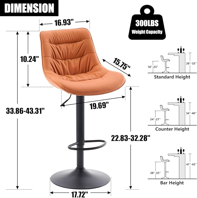 Kidol & Shellder Bar Stools Set of 2 Adjustable Swivel Orange, PU Leather - Image 2