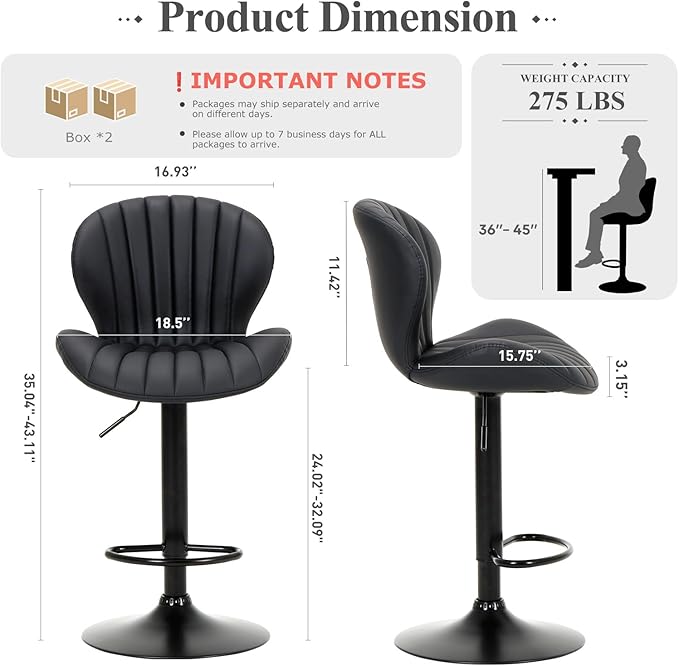 COLAMY Bar Stools Set of 4, Modern Swivel Bar Chairs, Adjustable Faux Leather - Image 2