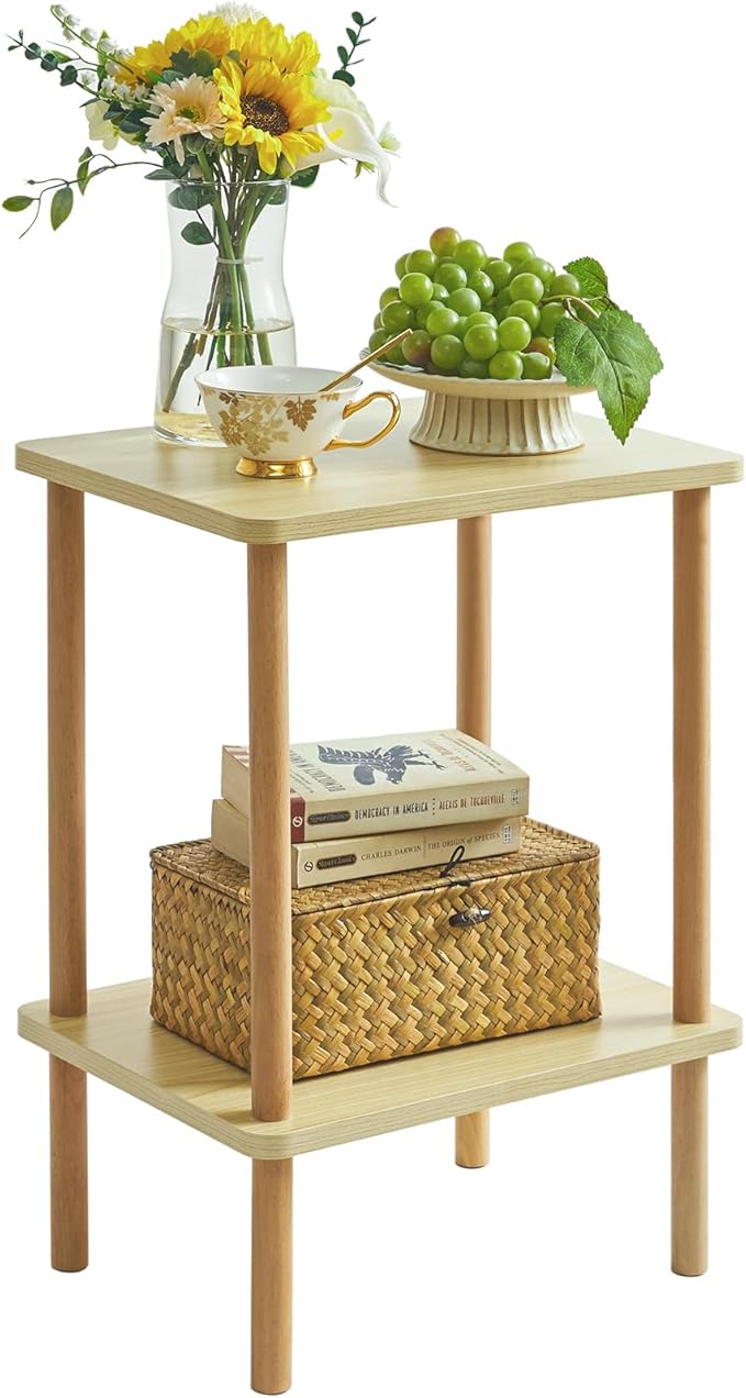 IBUYKE 2-Tier Side Table, Solid Wood Tall End Table by IBUYKE