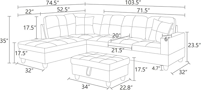 L-Shaped Sectional Sofa with Ottoman, Right-Facing Leather Modern Couch with - Image 2