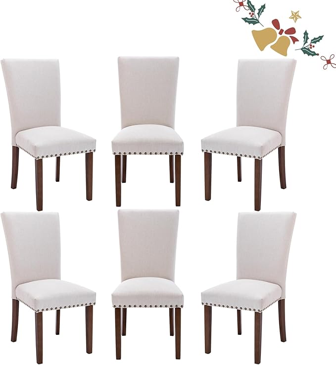 Set of 6 Beige Upholstered Dining Chairs, Farmhouse Kitchen Chairs - Image 7