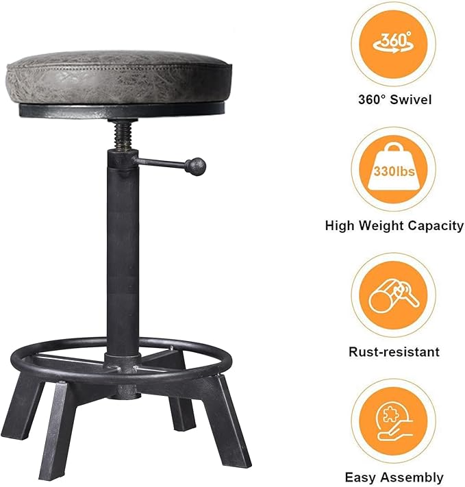 Rusitc Swivel PU Seat Bar Stools Industrial 24-28inch Height Adjustable Counter - Image 4