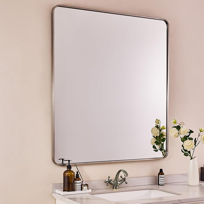 ANDY STAR 40x32 Inch Brushed Nickel Bathroom Mirror, Rounded Rectangle Bathroom by ANDYSTAR