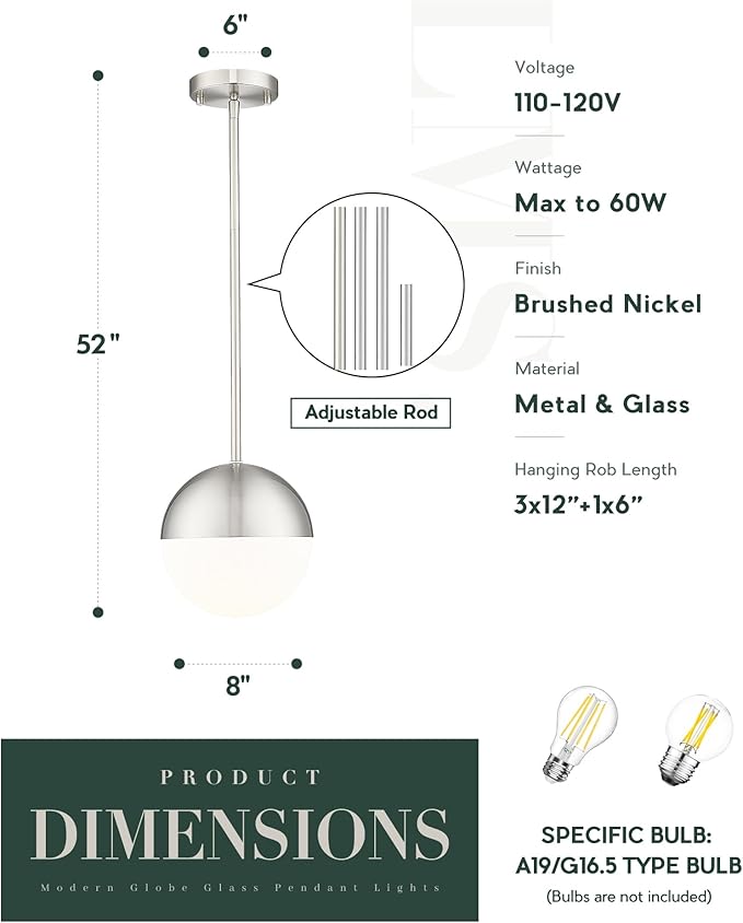 LMS Brushed Nickel Pendant Lights Kitchen Island, Adjustable Hanging Lighting - Image 3
