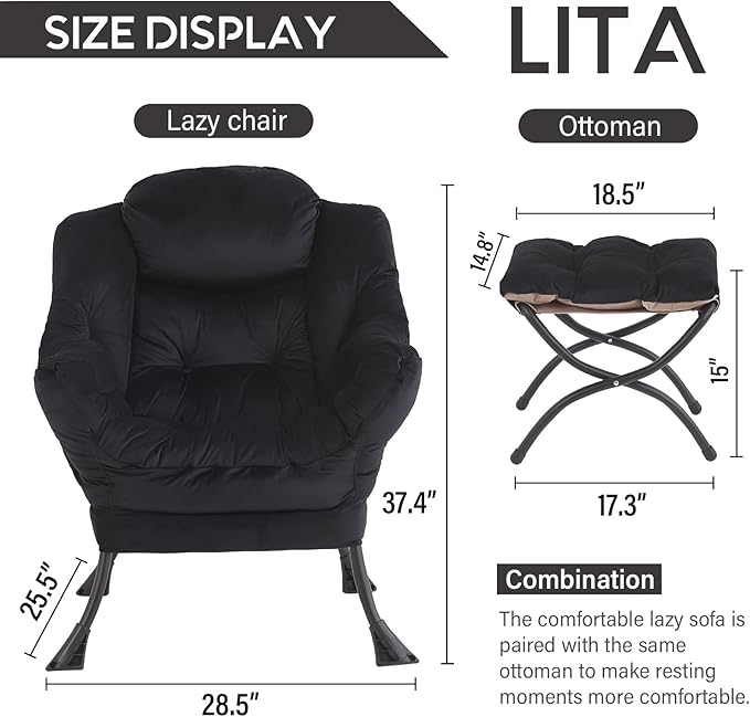 LITA Lazy Chair with Ottoman, Modern Accent Leisure Upholstered Sofa, - Image 3