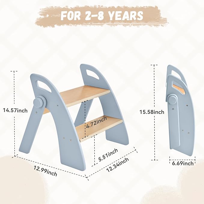 Wooden 2 Step Stool for Kids Bathroom Sink Foldable Anti-Slip 2-Step for Toilet - Image 4