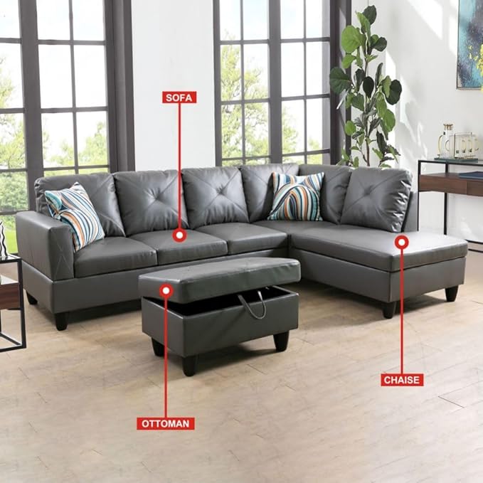 Dark Grey L-Shaped 3-Piece Faux Leather Sofa - Image 3