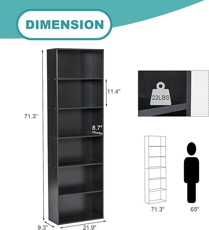 6-Tier Book Shelf, Floor Standing Open Bookcase, Wooden Display Storage Shelves - Image 2