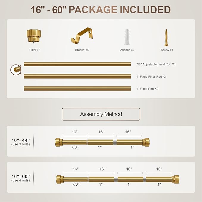 Modern Gold Curtain Rods for Windows 16 to 60 Inches Adjustable Length Heavy - Image 9