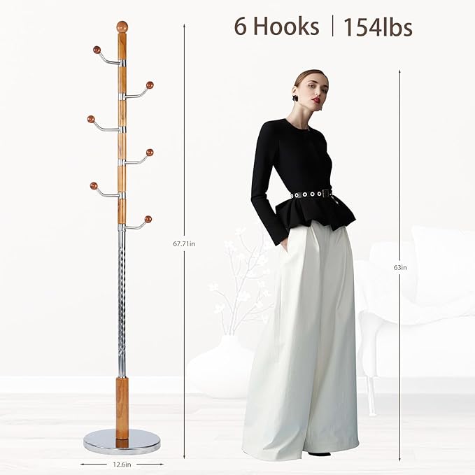 Coat Rack Freestanding, Metal Wooden Coat Tree - Image 2