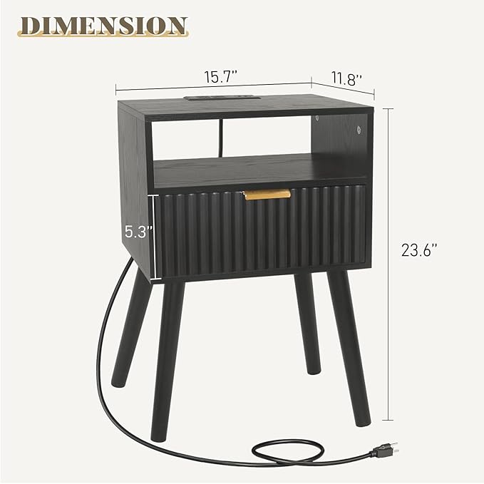 Black Nightstand with Charging Station, Mid Cetury Modern Nightstand with - Image 3