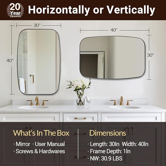 ANDY STAR 30x40” Black Bathroom Mirror, Oblong Vanity Mirror - Image 2