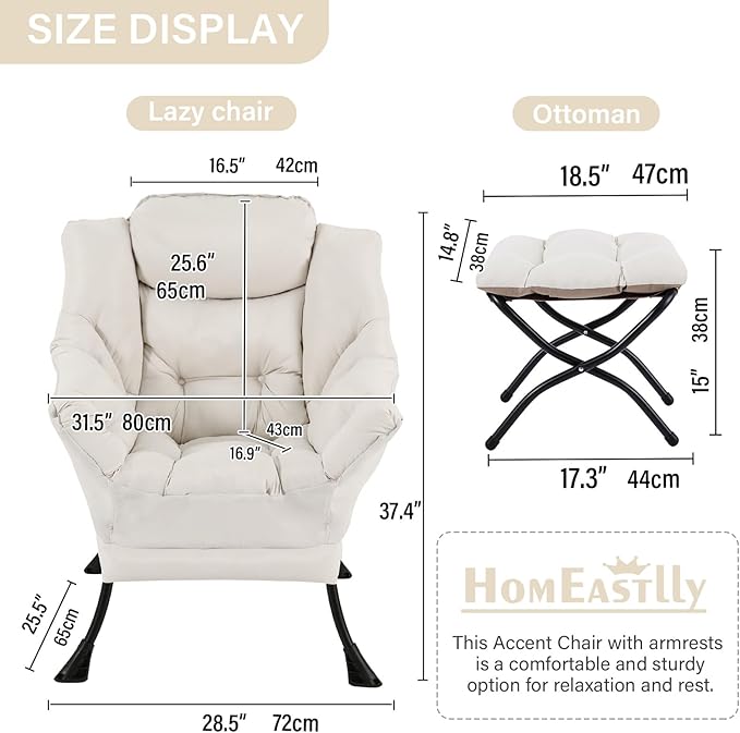 Lazy Chair with Ottoman, Large Modern Lounge Accent Chair with Armrests and - Image 2
