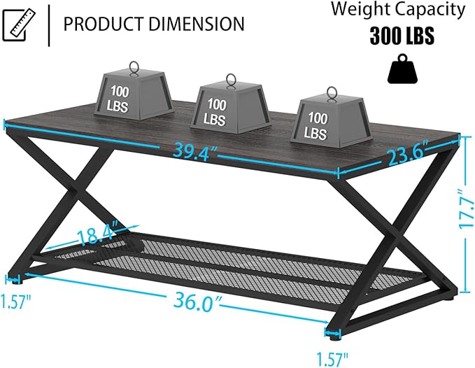 LVB Industrial Grey Coffee Table, 2 Tier Wood Metal Living Room Table, Wooden - Image 2