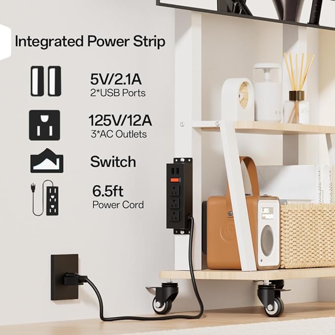 Mobile TV Stand with Power Outlet, Wood Shelf Portable TV Stand on Wheels - Image 2