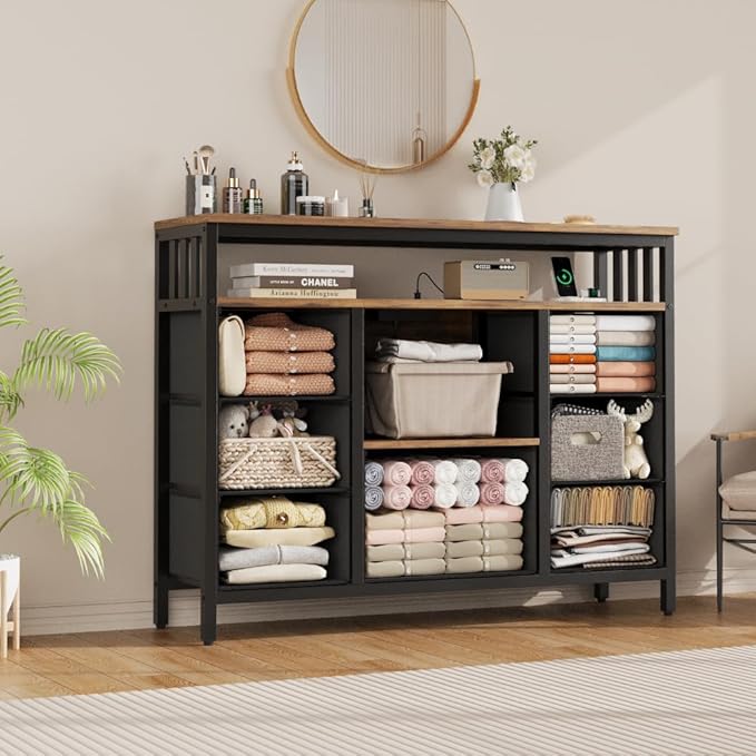 7 Drawer Dresser TV Stand with Power Outlets and LED Lights, Entertainment - Image 3