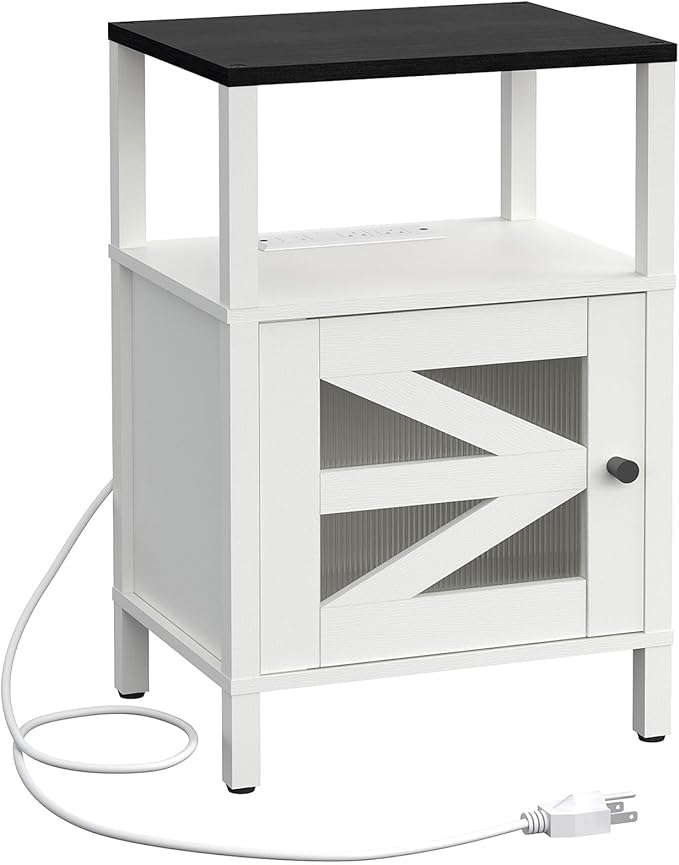 Farmhouse Nightstand with Charging Station, End Table with Storage, Side Table by MAHANCRIS