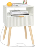 White Nightstand with Charging Station, Modern Bedside Table with Drawer and by Fultyle