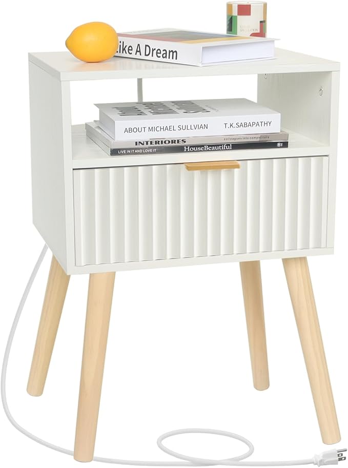 White Nightstand with Charging Station, Modern Bedside Table with Drawer and by Fultyle