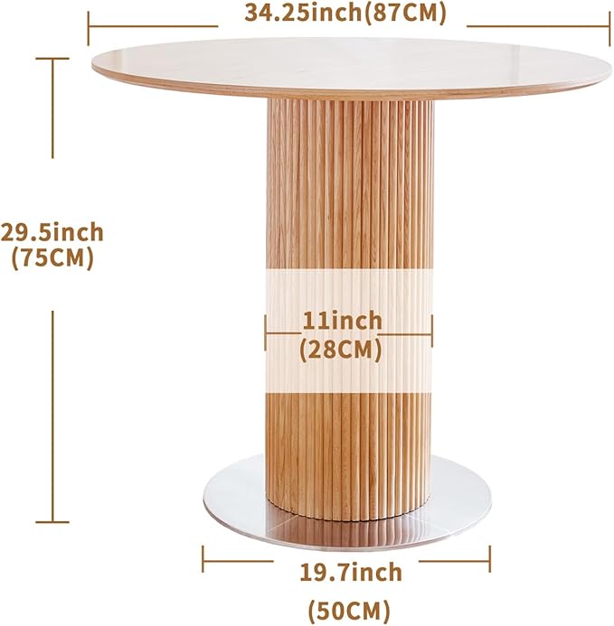 Round Wood Dining Table，Wooden Trestle Pedestal Base on Stainless Steel - Image 3