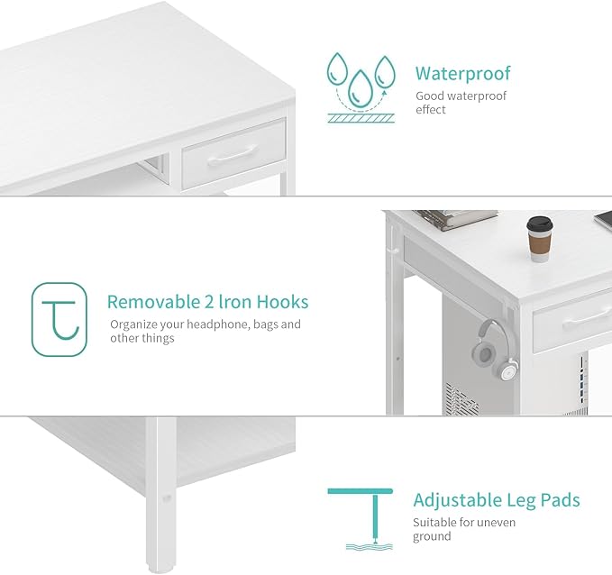 Lufeiya White Desk with Keyboard Tray Slide Out, 47 Inch Home Office Computer - Image 8