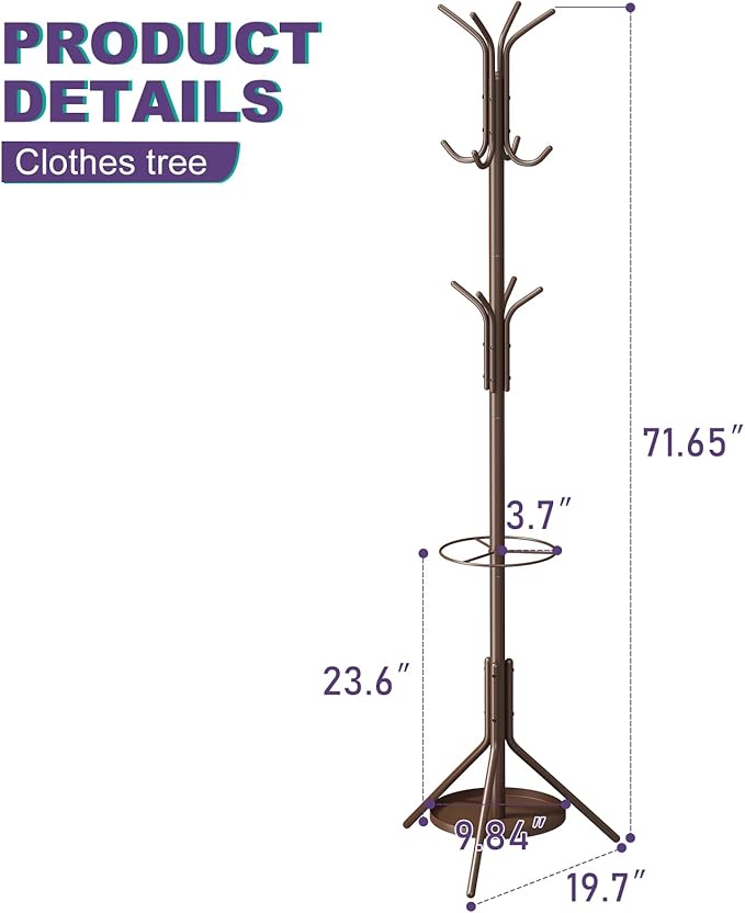 Coat Rack Freestanding, Entryway Hanger Stand, Umbrella Holder, Hall Tree - Image 2