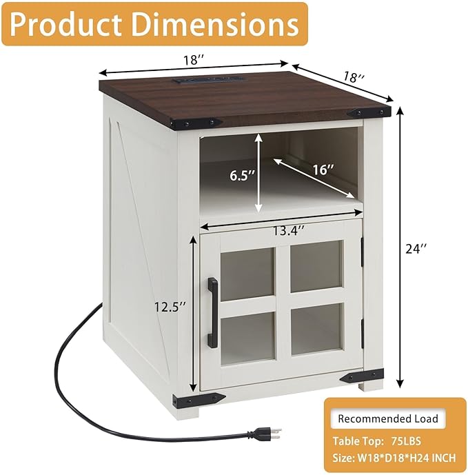 Farmhouse Nightstand with Charging Station, Rustic End Table with Tempered - Image 2