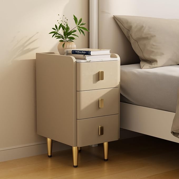 Narrow Nightstand with Drawers, Narrow Side Table Leather, Small Bedside Tables by AQIMUELE-Solidwoodfurniture