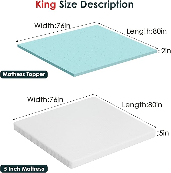 FDW | 5" King Mattress + 2" Cooling Mattress Topper | Gel Memory Foam | Medium - Image 2